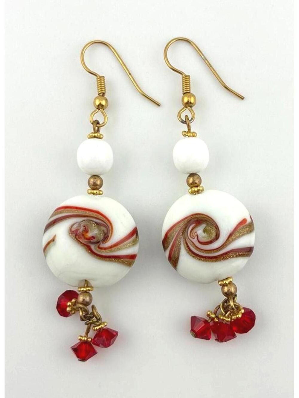 Handmade White Glass Bead Earrings with Red Swirl and Tassel Dangles, Gold-Tone